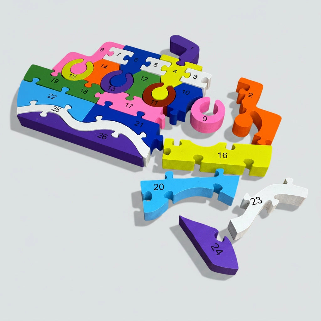 Alfabeto e Números - Navio 26 Peças em Madeira